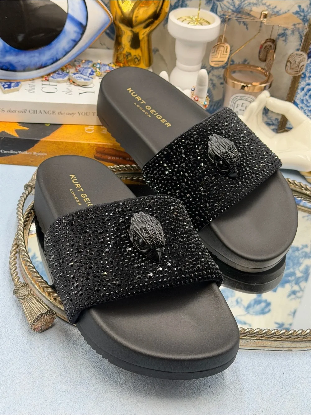 🆕 KURT GEIGER LONDON 🧿 NWOB Brockwell Strass Black Crystal Slide Sandal